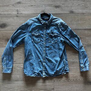 All Saints AllSaints Western Denim Pearl Snap Shirt  XL X-Large Medium Wash $239